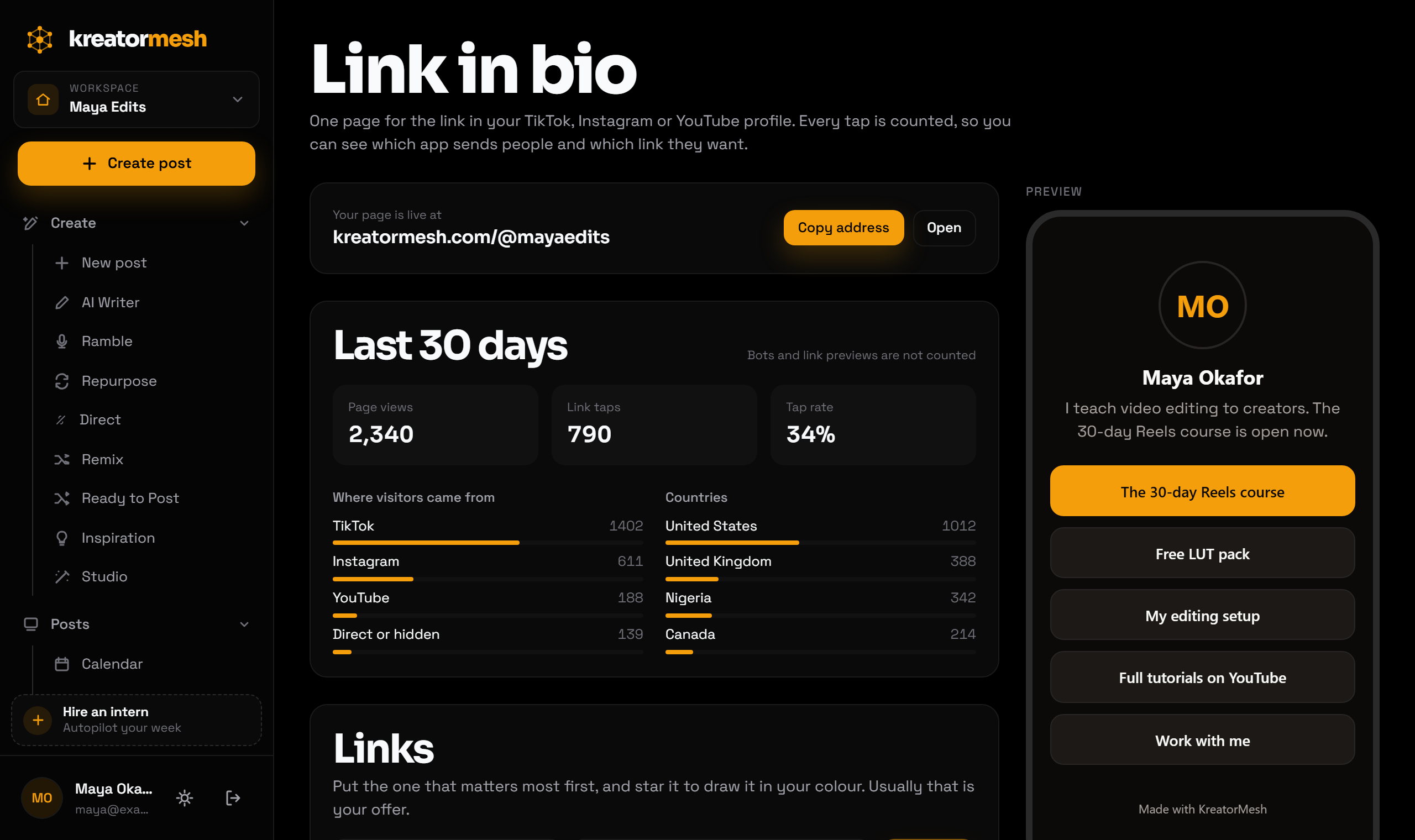 The link-in-bio editor with 30-day visits by app and country, the list of links, and a phone preview (example data)